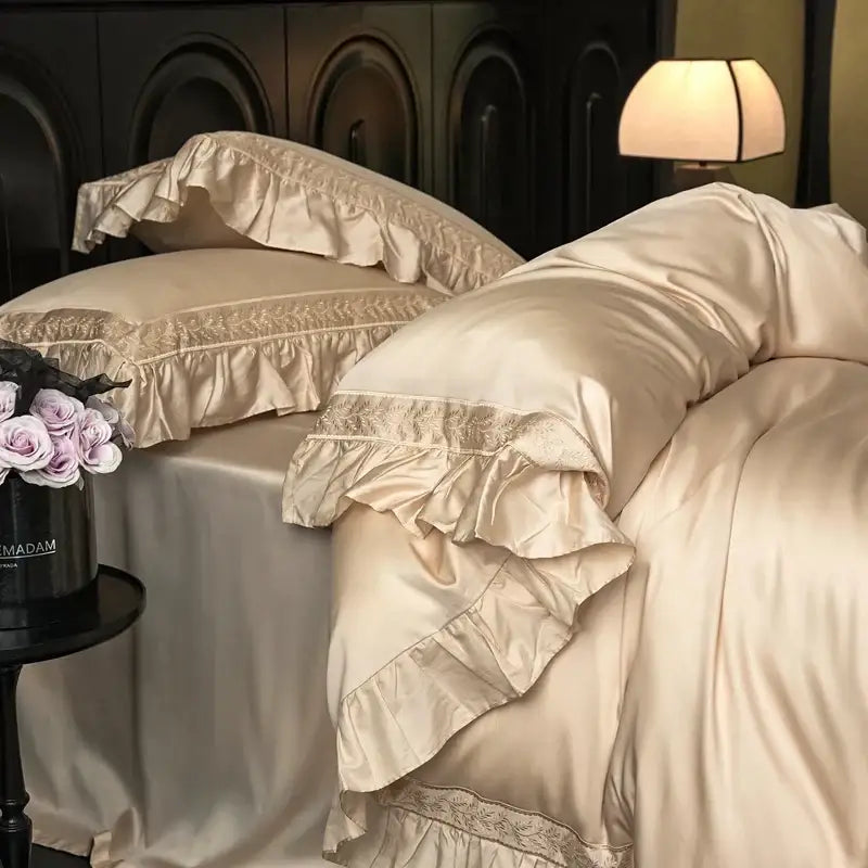 Pink satin 1000tc luxury embroidery bedding set bedroom ruffles