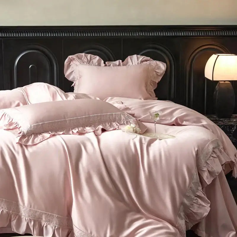 Pink satin 1000tc luxury embroidery bedding set bedroom ruffles