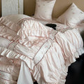 Pink satin embroidery lace ruffles bedding set bedroom cotton