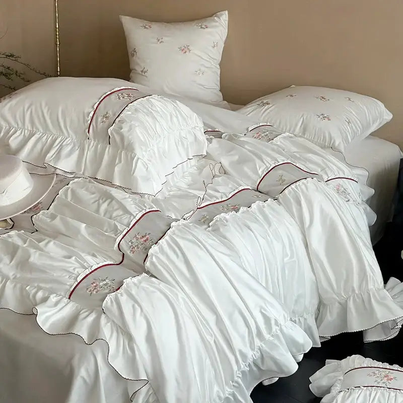 Pink satin embroidery lace ruffles bedding set bedroom cotton