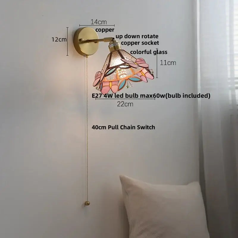 Pink & teal copper butterfly glass wall light bedroom sconce