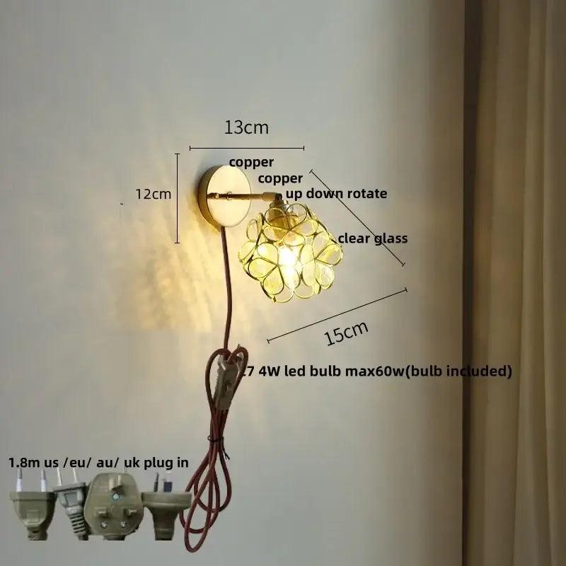 Pink & teal copper butterfly glass wall light bedroom sconce