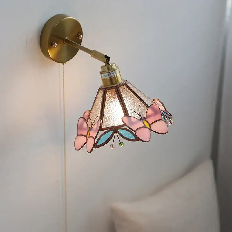 Pink & teal copper butterfly glass wall light bedroom sconce