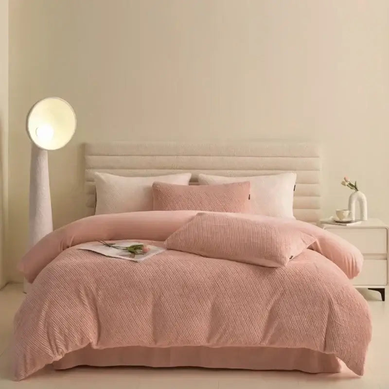 Pink textured winter fleece bedding set bedroom duvet cover kit