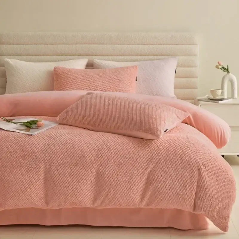 Pink textured winter fleece bedding set bedroom duvet cover kit