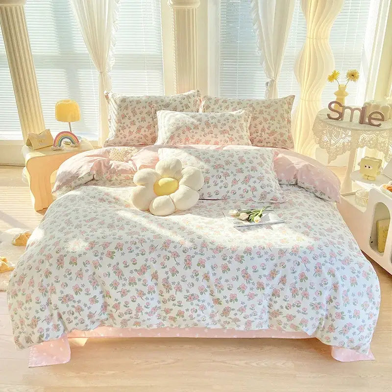 Pink & white floral cotton printed bedding set bedroom soft satin finish