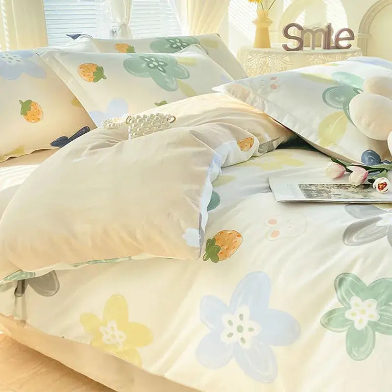 Pink & white floral cotton printed bedding set bedroom soft satin finish