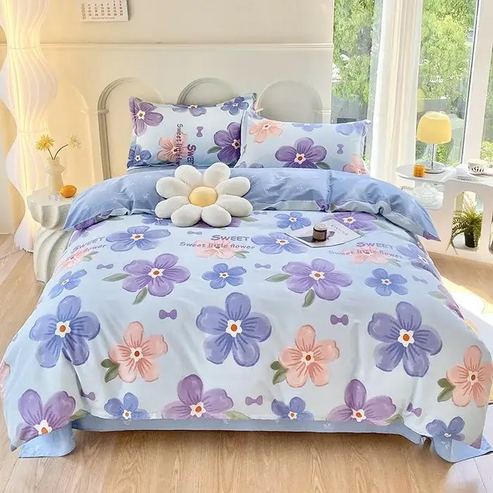 Pink & white floral cotton printed bedding set bedroom soft satin finish