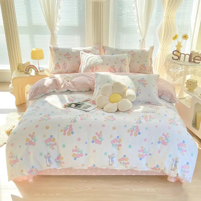 Pink & white floral cotton printed bedding set bedroom soft satin finish