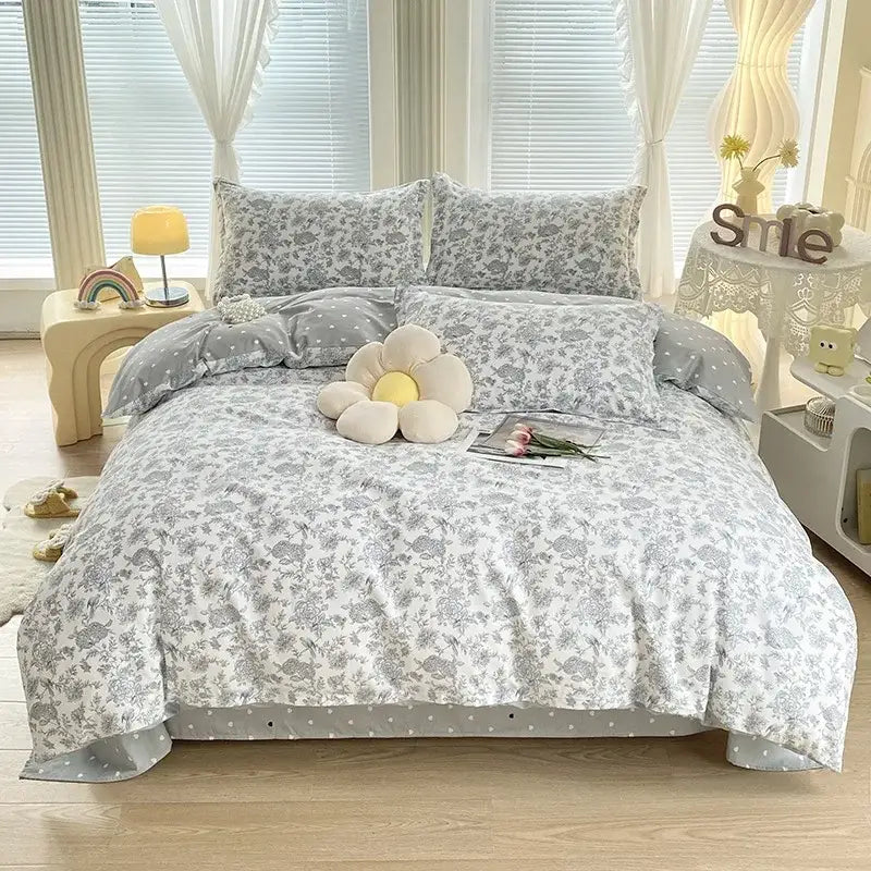 Pink & white floral cotton printed bedding set bedroom soft satin finish