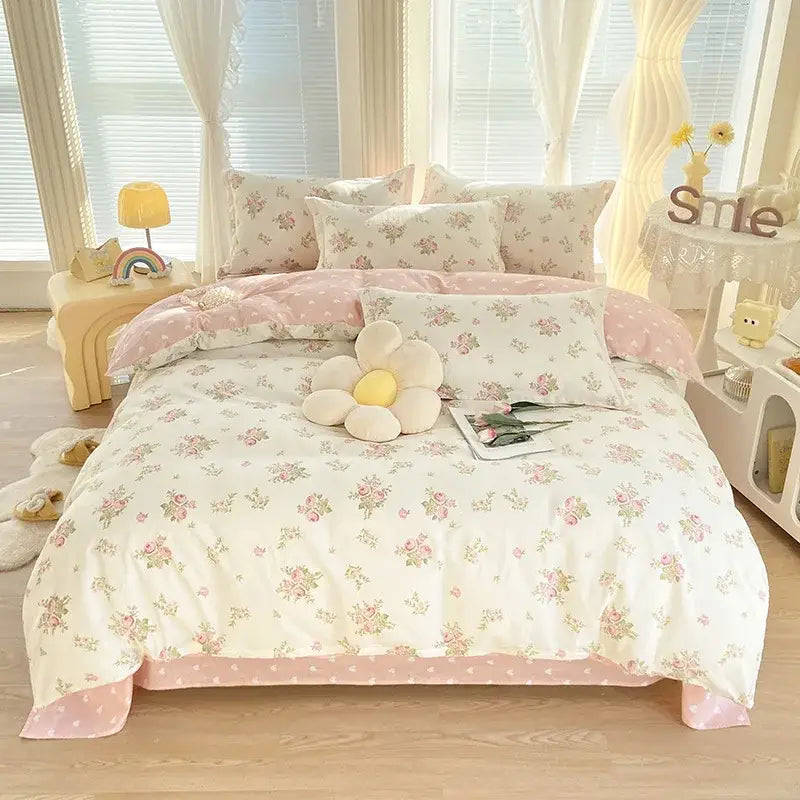 Pink & white floral cotton printed bedding set bedroom soft satin finish