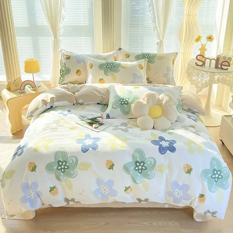 Pink & white floral cotton printed bedding set bedroom soft satin finish