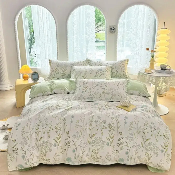 Pink & white floral cotton printed bedding set bedroom soft satin finish
