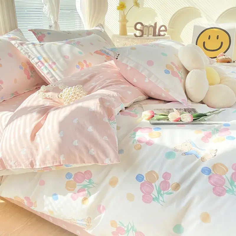 Pink & white floral cotton printed bedding set bedroom soft satin finish