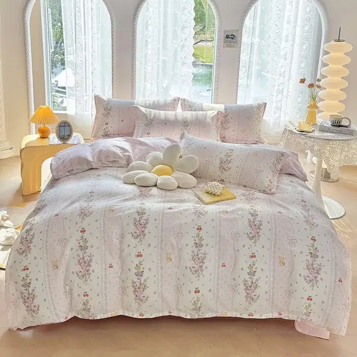 Pink & white floral cotton printed bedding set bedroom soft satin finish