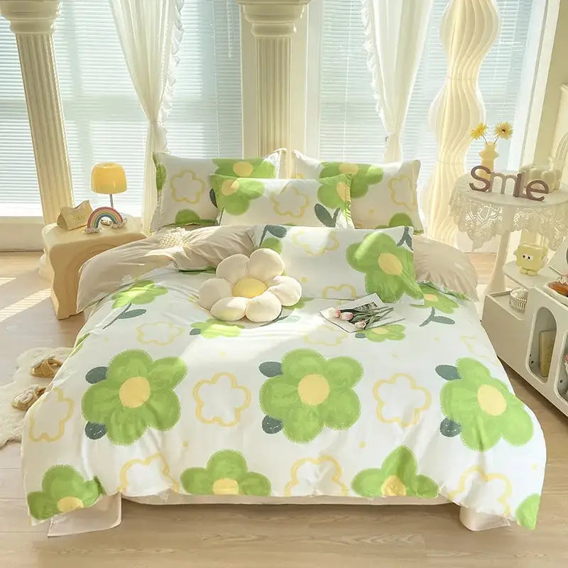 Pink & white floral cotton printed bedding set bedroom soft satin finish