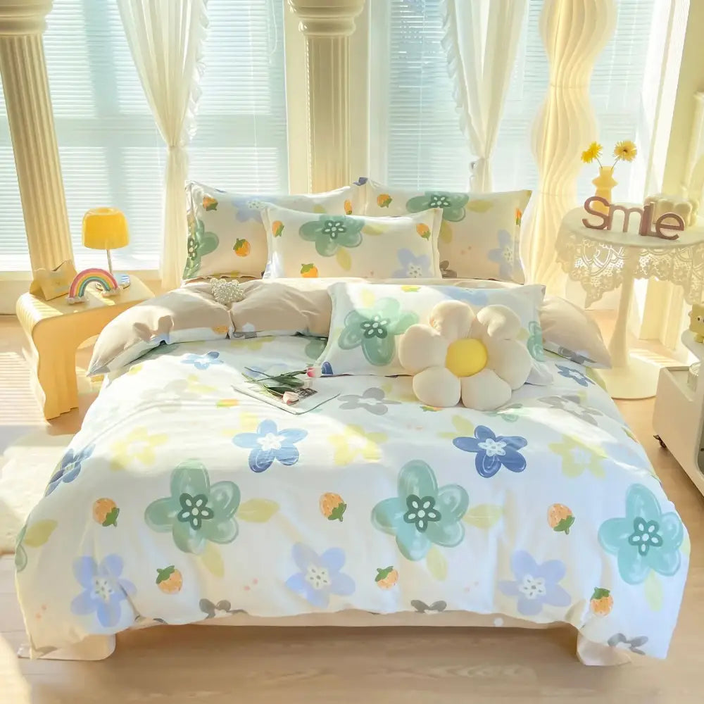 Pink & white floral cotton printed bedding set bedroom soft satin finish