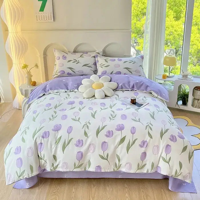 Pink & white floral cotton printed bedding set bedroom soft satin finish