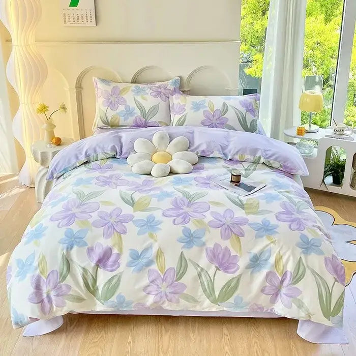 Pink & white floral cotton printed bedding set bedroom soft satin finish
