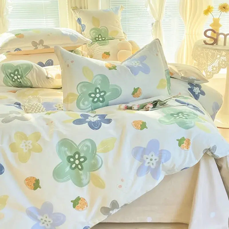 Pink & white floral cotton printed bedding set bedroom soft satin finish