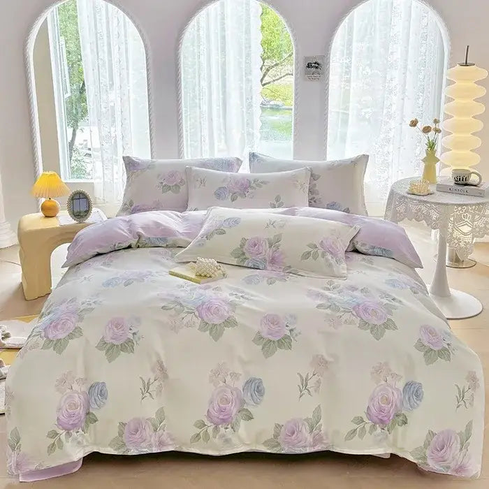 Pink & white floral cotton printed bedding set bedroom soft satin finish