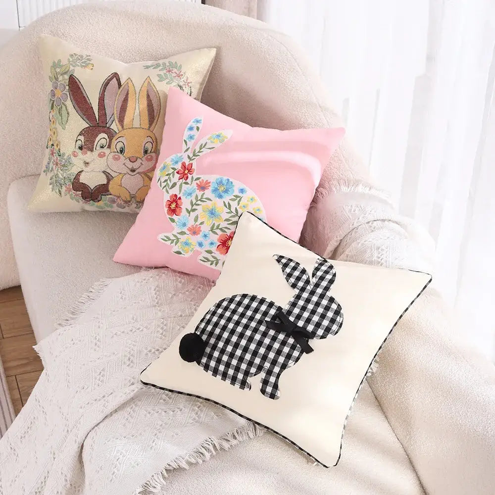 Pink & white floral embroidered bunny cushion cover living room decor