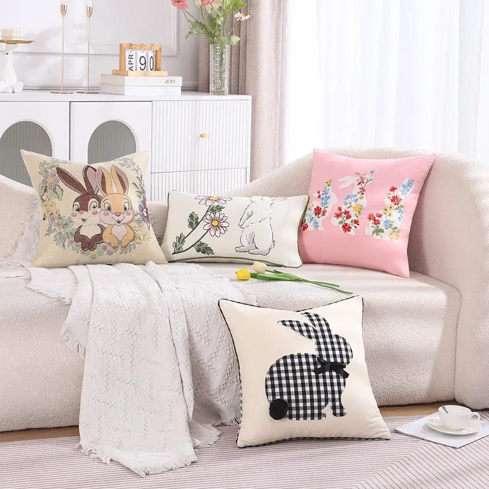 Pink & white floral embroidered bunny cushion cover living room decor