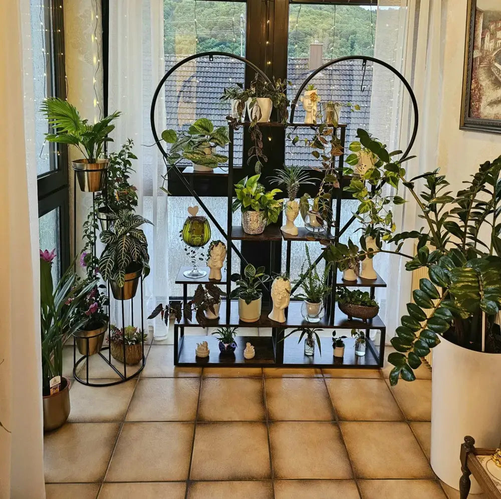 Heart shaped black & wood metal plant flower rack living room