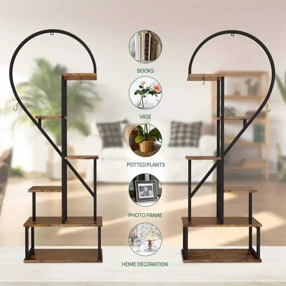 Heart shaped black & wood metal plant flower rack living room