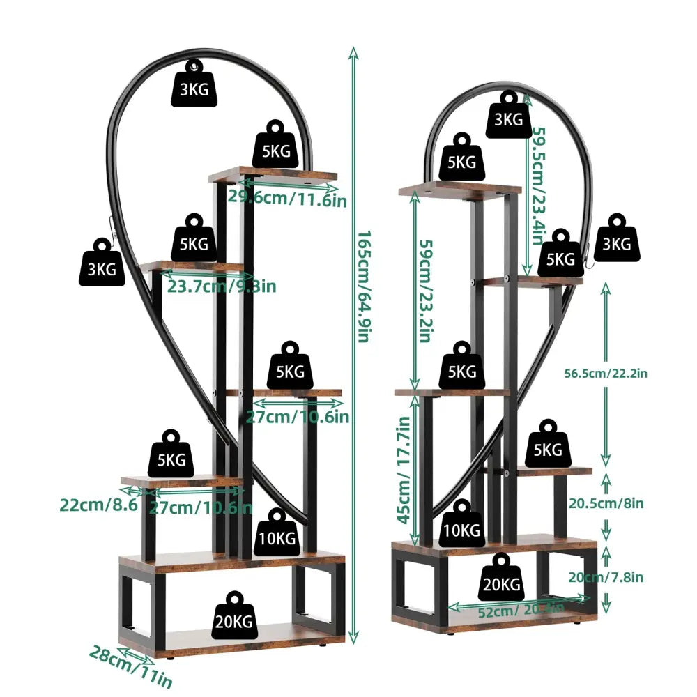 Heart shaped black & wood metal plant flower rack living room