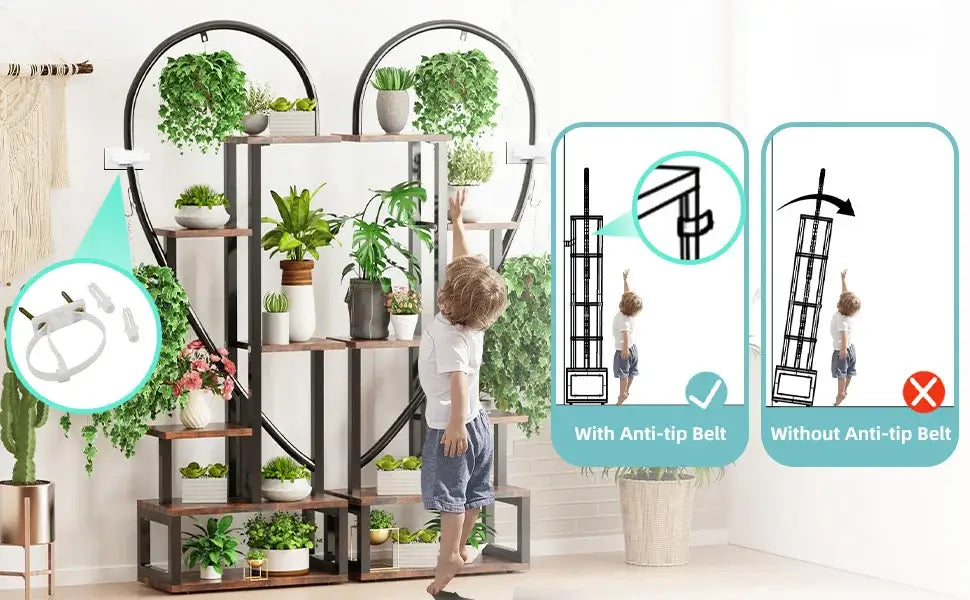 Heart shaped black & wood metal plant flower rack living room