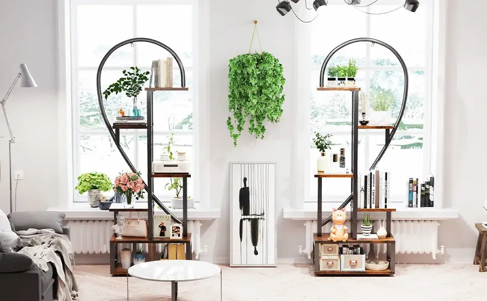 Heart shaped black & wood metal plant flower rack living room