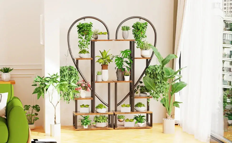 Heart shaped black & wood metal plant flower rack living room