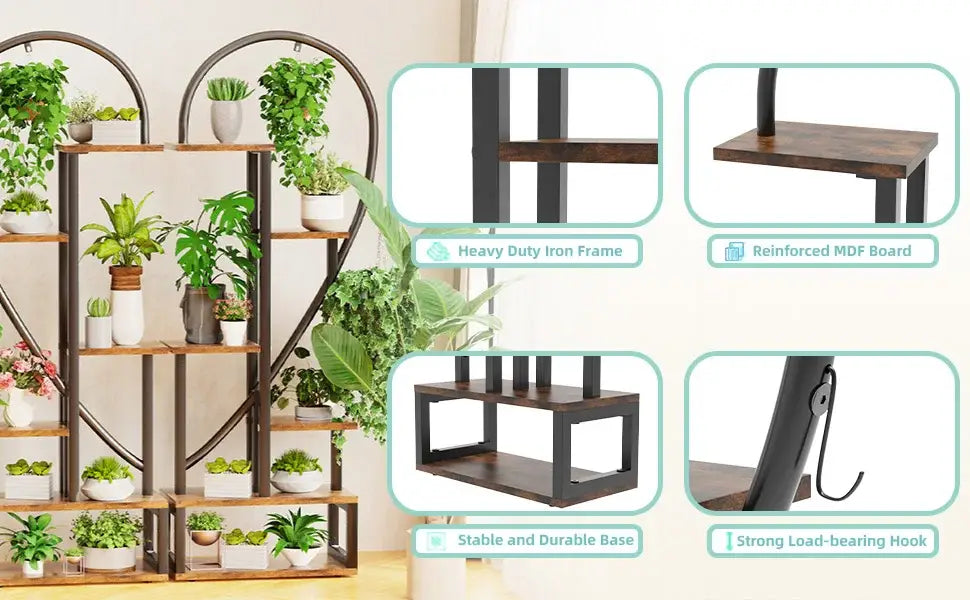Heart shaped black & wood metal plant flower rack living room