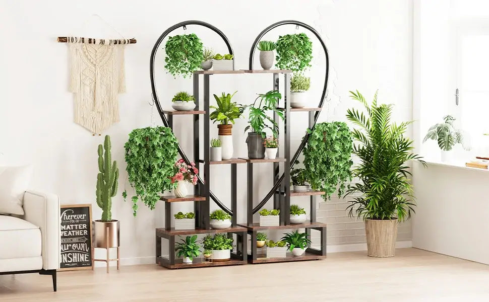 Heart shaped black & wood metal plant flower rack living room