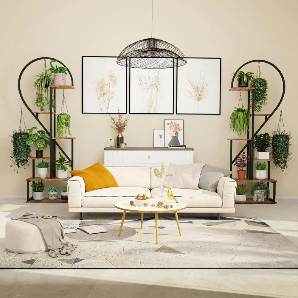 Heart shaped black & wood metal plant flower rack living room