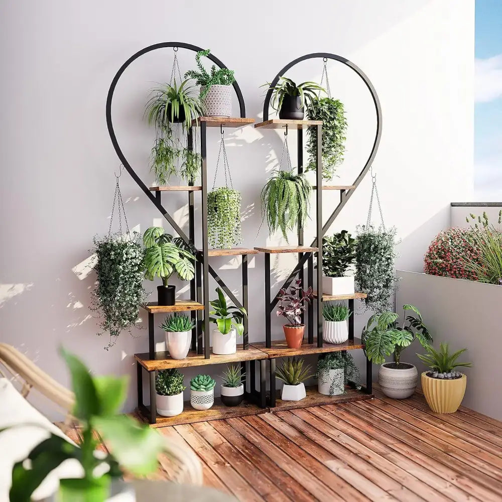 Heart shaped black & wood metal plant flower rack living room
