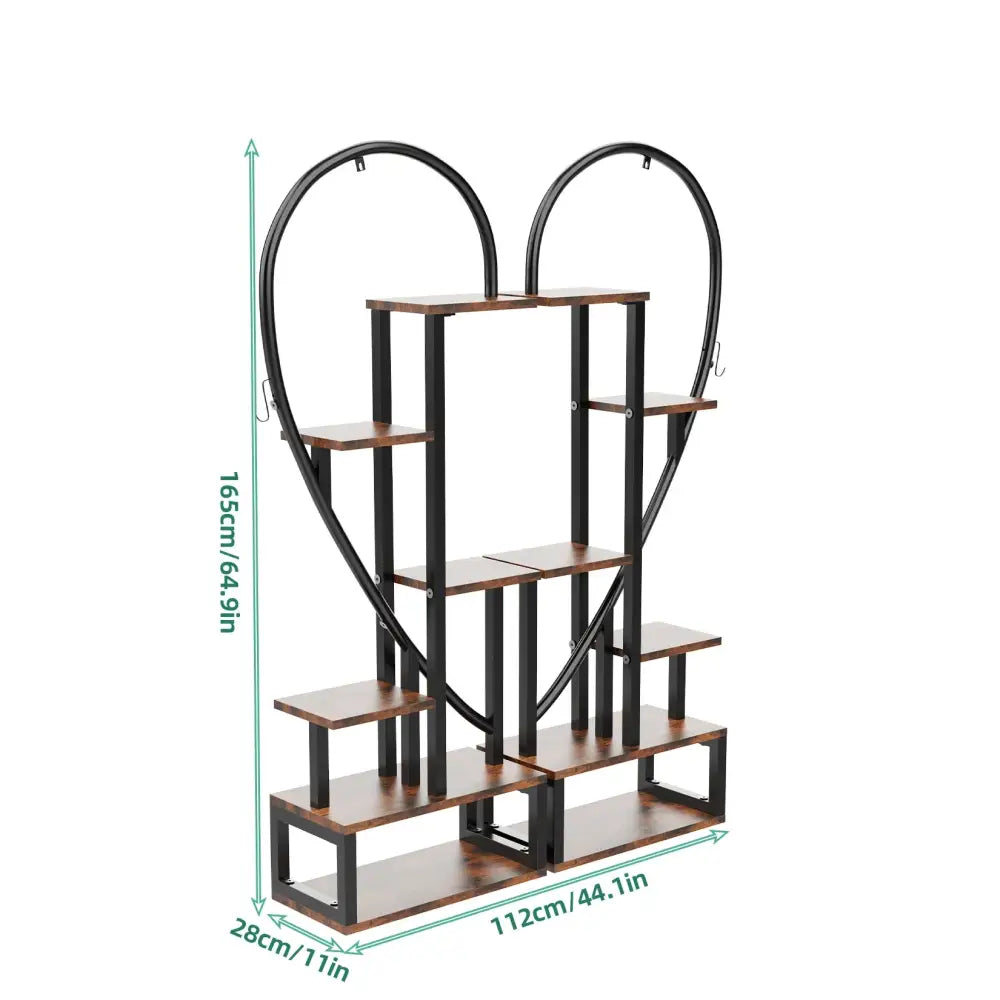 Heart shaped black & wood metal plant flower rack living room