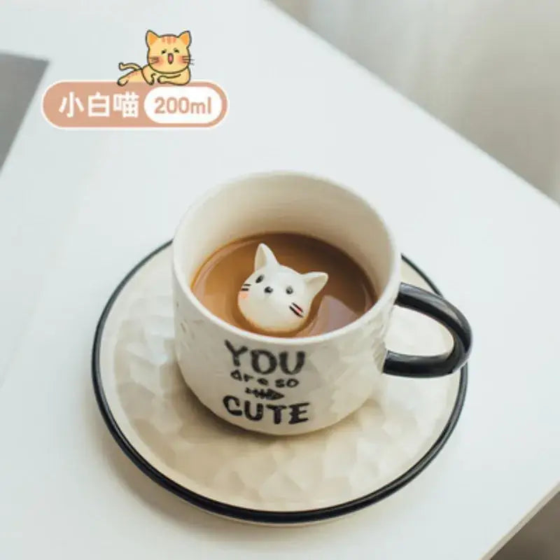 Playful white & black cat claw ceramic cup kitchen mug with figurine