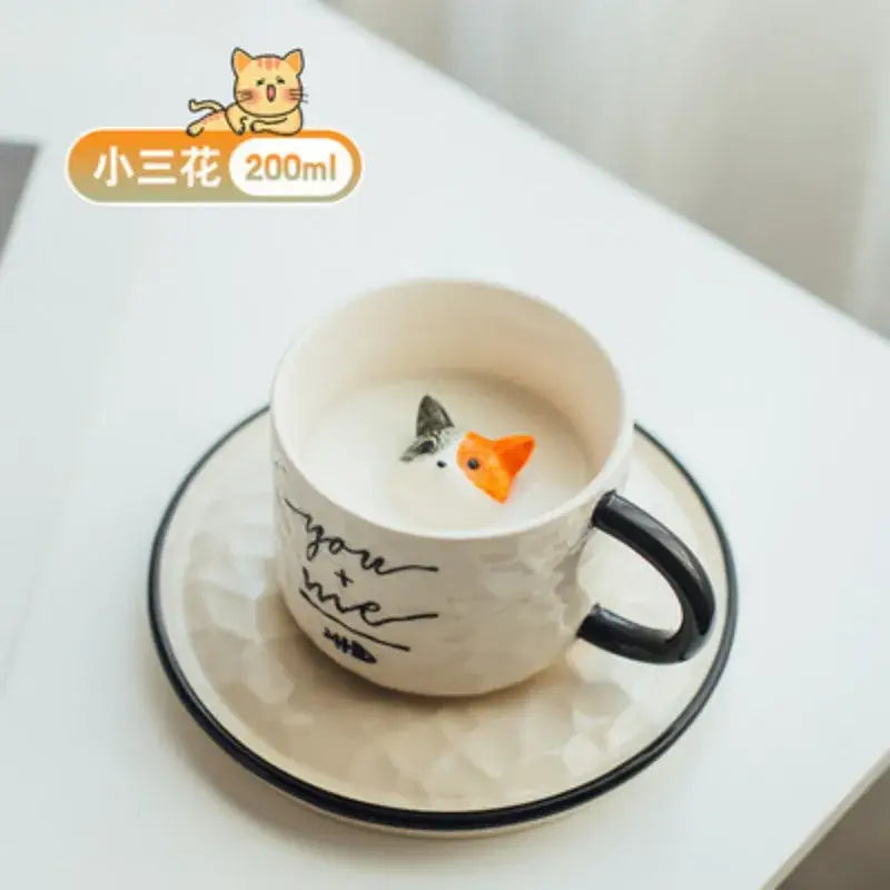 Playful white & black cat claw ceramic cup kitchen mug with figurine