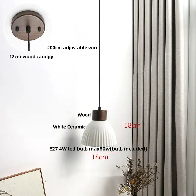 Pleated white fabric pendant light bedroom ceramic wood decor