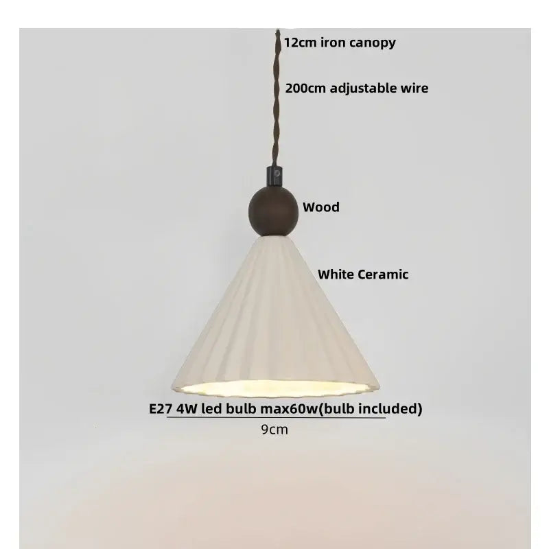 Pleated white fabric pendant light bedroom ceramic wood decor