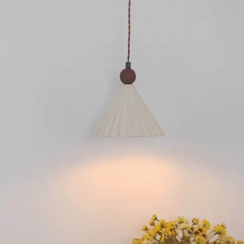 Pleated white fabric pendant light bedroom ceramic wood decor