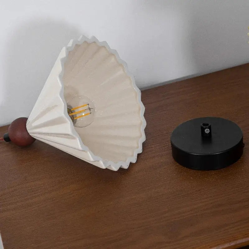 Pleated white fabric pendant light bedroom ceramic wood decor