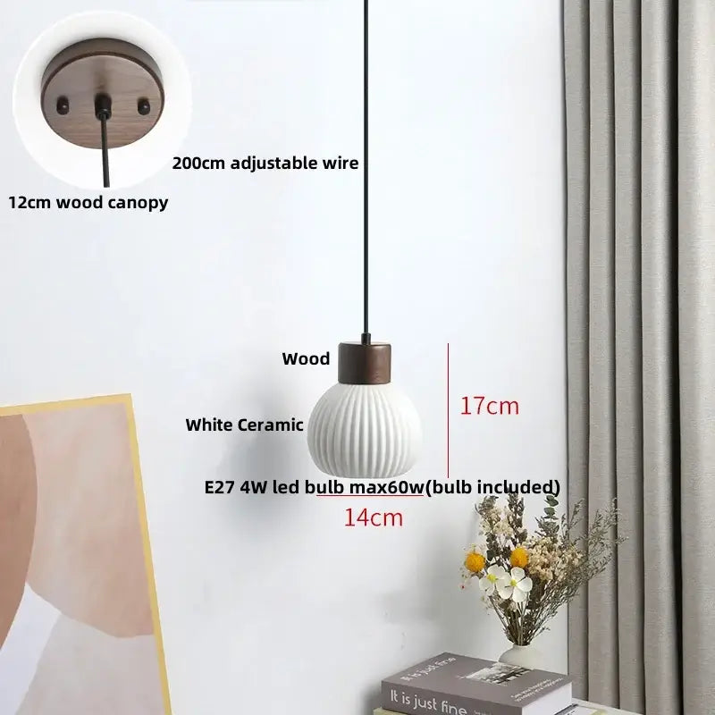 Pleated white fabric pendant light bedroom ceramic wood decor