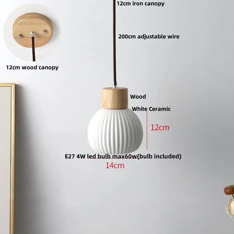 Pleated white fabric pendant light bedroom ceramic wood decor