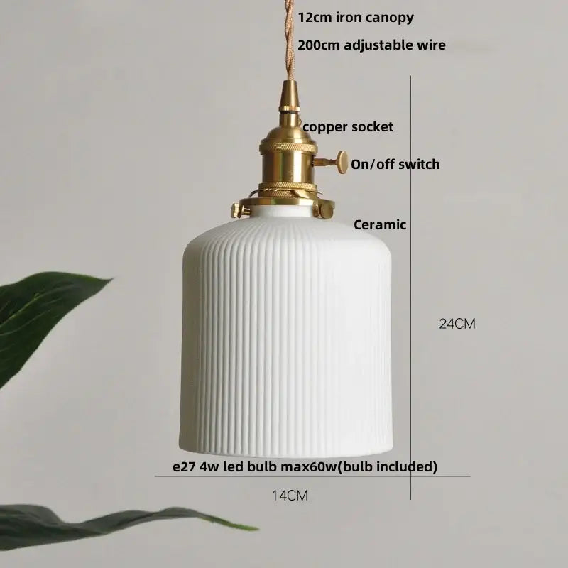 Pleated white fabric pendant light bedroom ceramic wood decor