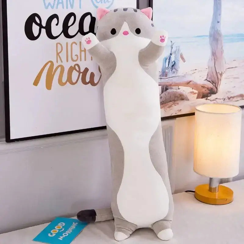 Plush gray & white cat sleeping body pillow bedroom decor