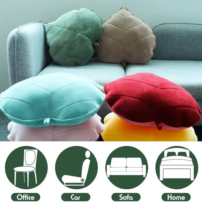 Plush leaf shaped throw pillows in sage and mustard for living room