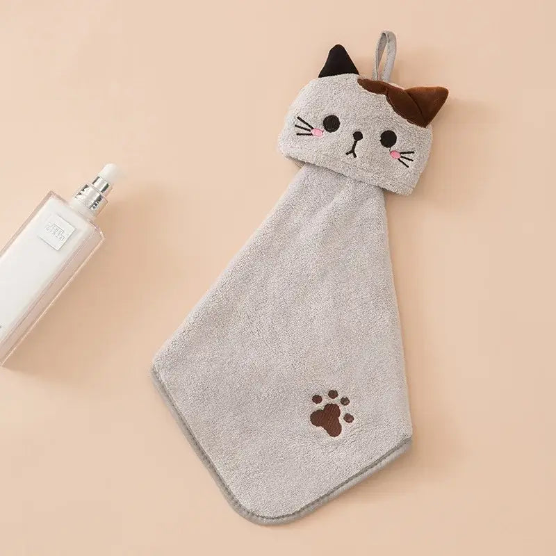 Plush pink & pale yellow cartoon cat hand towel for kitchen
